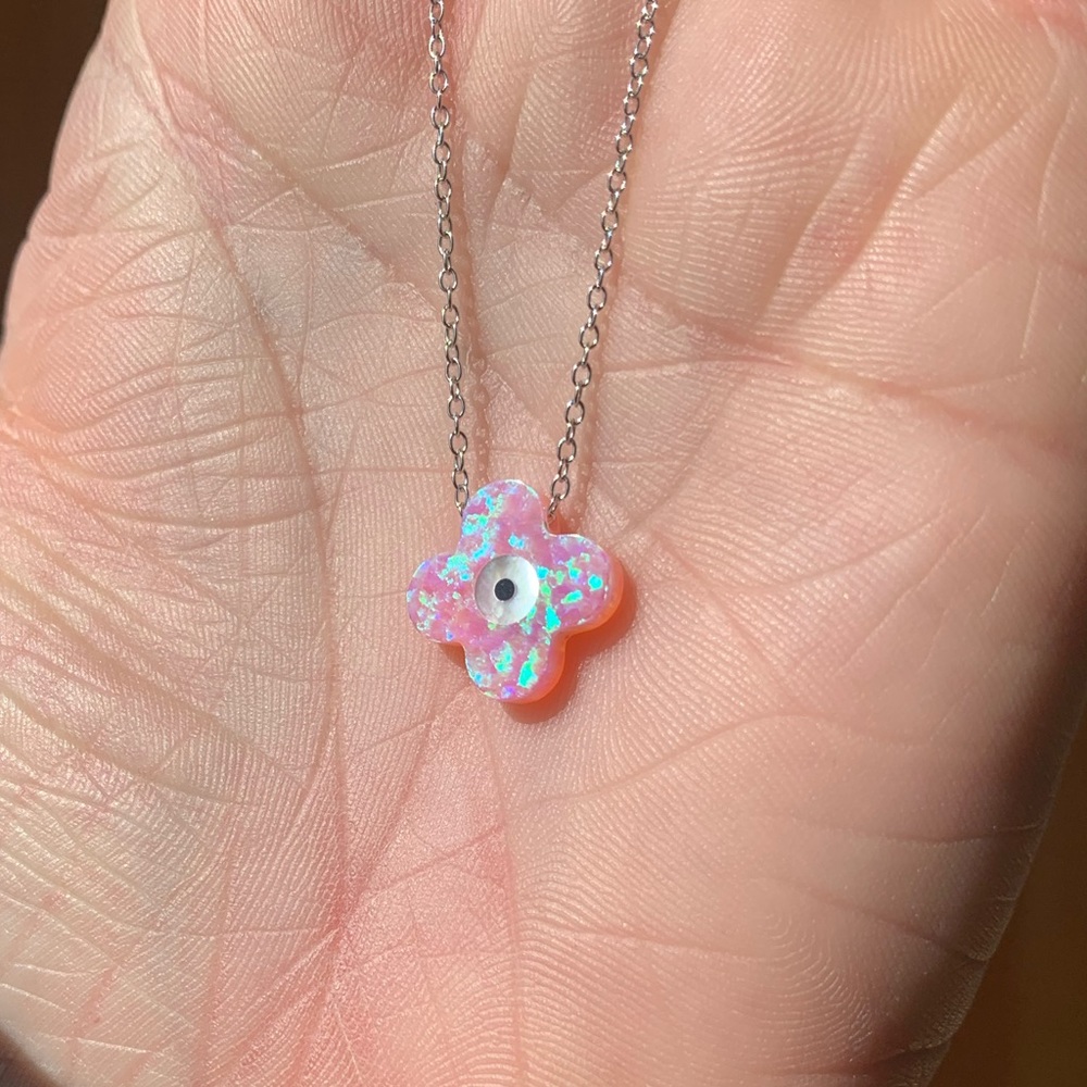 Pink fire opal evil eye necklace